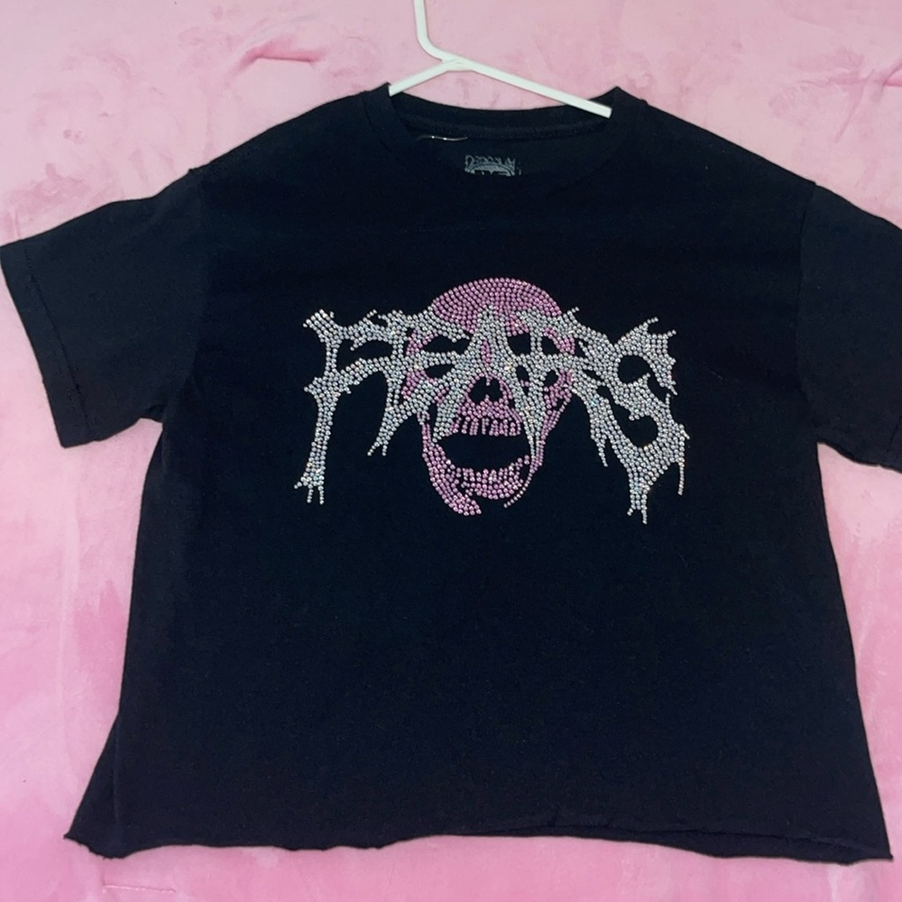 Personal Fears Pink Rhinestone skull Black T-Shirt